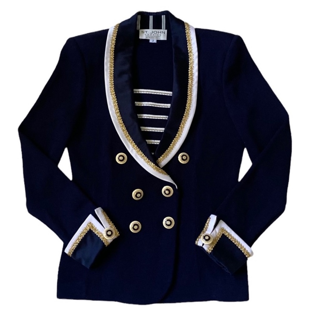 St. John Evening Navy with Satin & Gold Trim French Cuff Knit Jacket, Size 2 - Picture 8 of 8